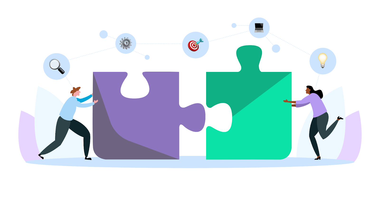 Illustration of two people pushing large puzzle pieces together, one purple and one green. Above the puzzle are icons connected in a dotted path: a magnifying glass, a gear, a target, a laptop, and a lightbulb, representing collaboration, problem-solving, and innovation.