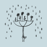 Blog (46) A simple line drawing of a hand holding an open umbrella turned upward, catching raindrops. Inside the umbrella, flowers are growing, symbolizing protection, growth, and optimism in the rain. The background is a light blue color.