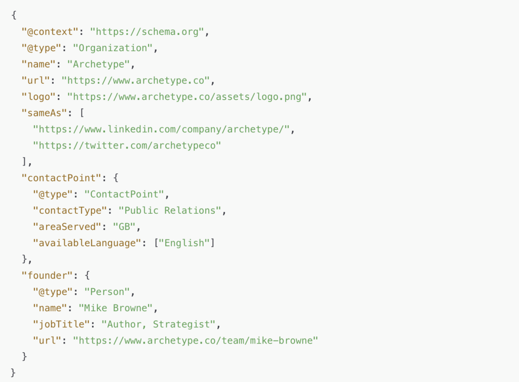 JSON-LD code example showing an Organization schema for “Archetype.” The code includes fields like name, URL, logo, social media links, contact details, and founder information for Mike Browne. It visually demonstrates how structured data helps AI tools and search engines understand a brand’s identity and expertise.